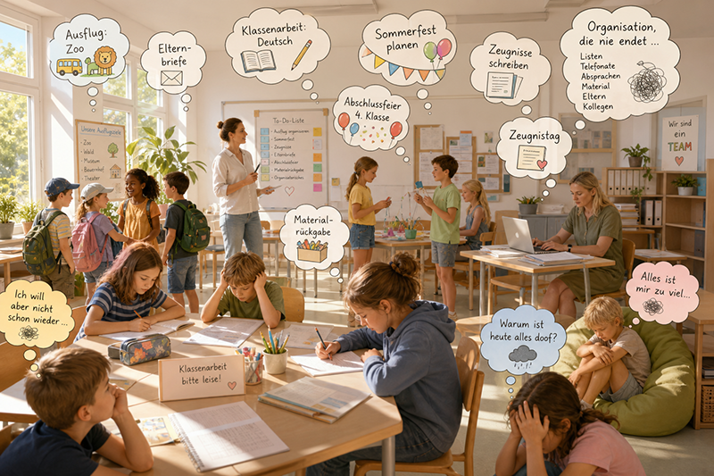 Letzte Schulwochen gestalten mit viel Organisation im Klassenraum, Kinder sind überfordert und Lehrkräfte machen vielen parallel und gleichzeitig