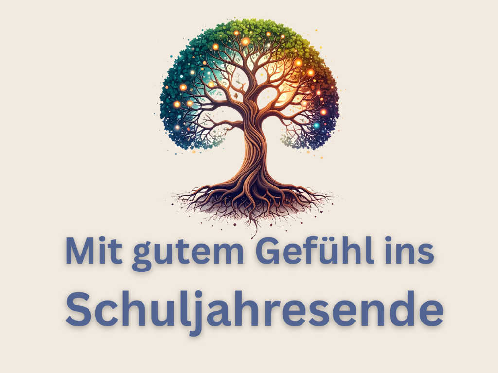 „Baum mit sichtbaren Wurzeln und leuchtenden Lichtpunkten als Symbol für emotionale Stärke und Übergänge zum Schuljahresende um letzte Schulwochen gestalten