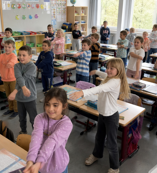 Grundschulkinder bei einer einfachen Bewegungsübung im Klassenraum
