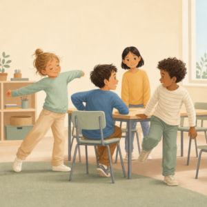 Aufregung in der Klasse vor der Klassenarbeit oder einem Auftritt. Alle Kinder schwirren umher und können nicht auf ihren Plätzen sitzen