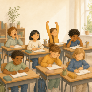 Kinder sind müde im Klassenraum. Die Schüler gähnen und reiben sich die Augen. Lernen nicht möglich. Müdigkeit in der Grundschule.