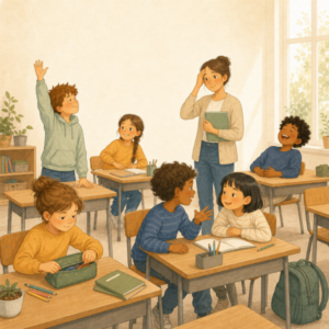 Unruhe in der Klasse, Lehrkraft überfordert, Kinder können nicht lernen. Schüler sind unruhig in der Grundschule